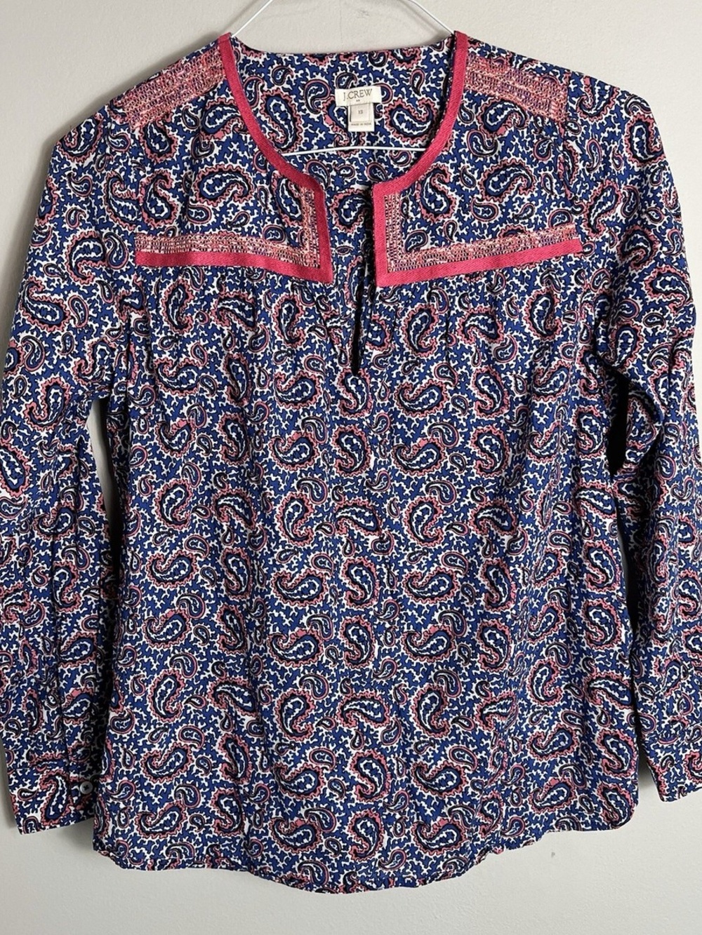 J. Crew Blue Paisley Split-Neck Blouse with Pink Trim